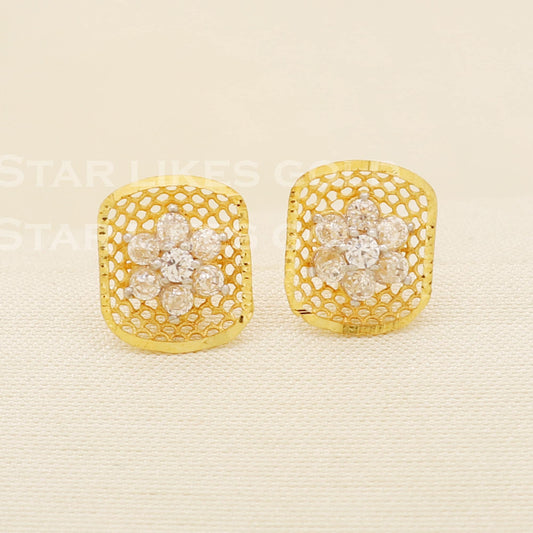 Sparkling 18K Gold CZ Flower Stud Earrings Elegant Jali Work Square Design, B1607