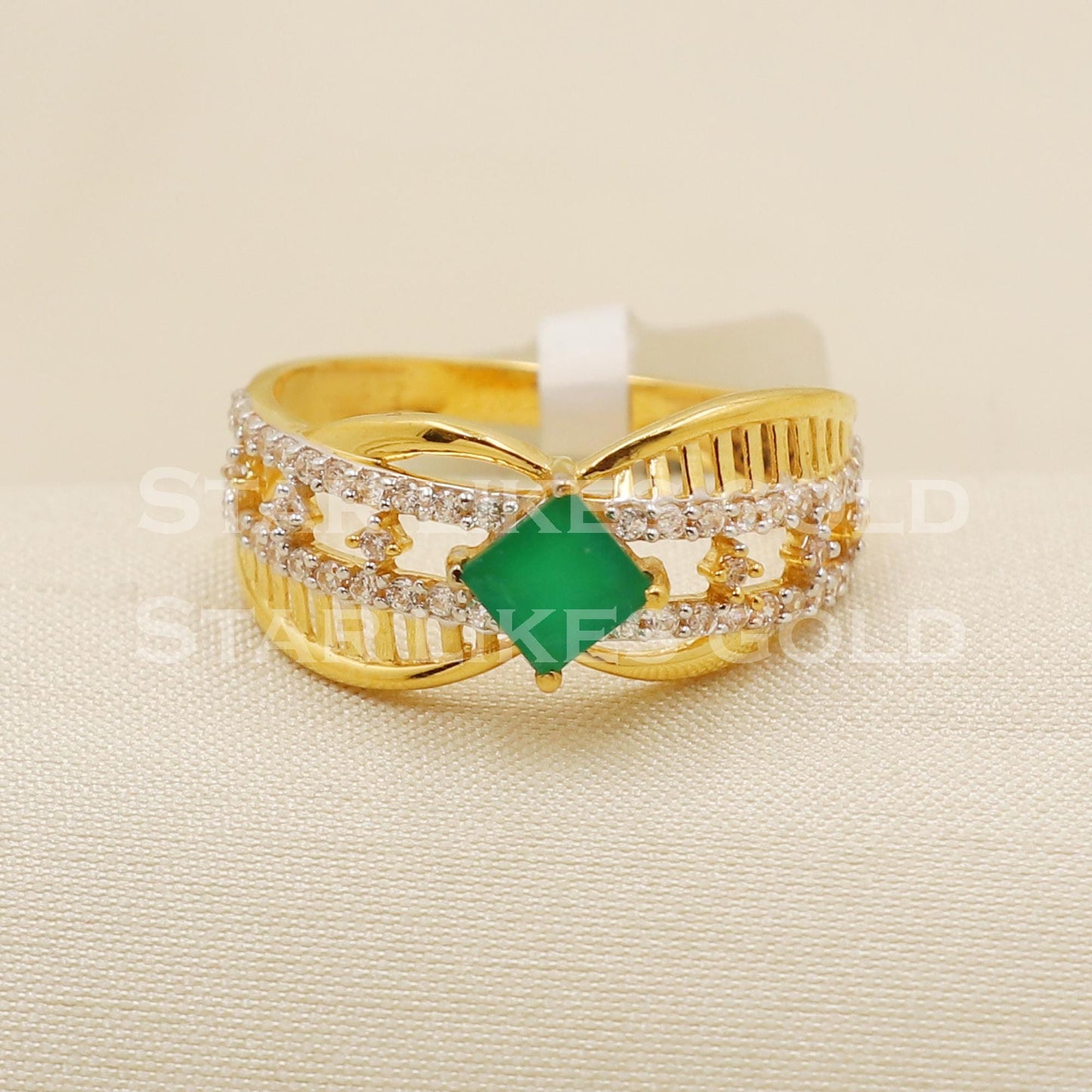 Green Stone Zircon 22 karat 22k Gold Indian Ring Handmade Jewelry, B1579