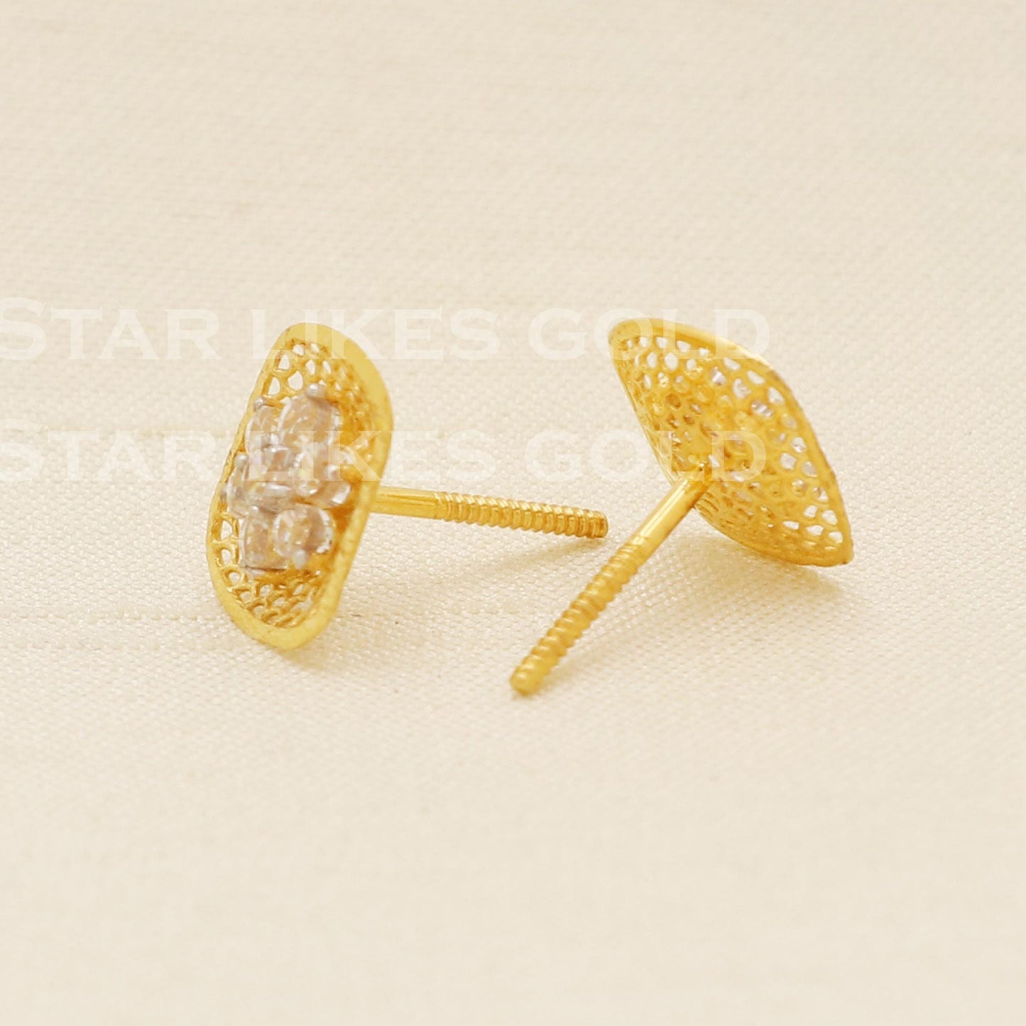 Sparkling 18K Gold CZ Flower Stud Earrings Elegant Jali Work Square Design, B1607
