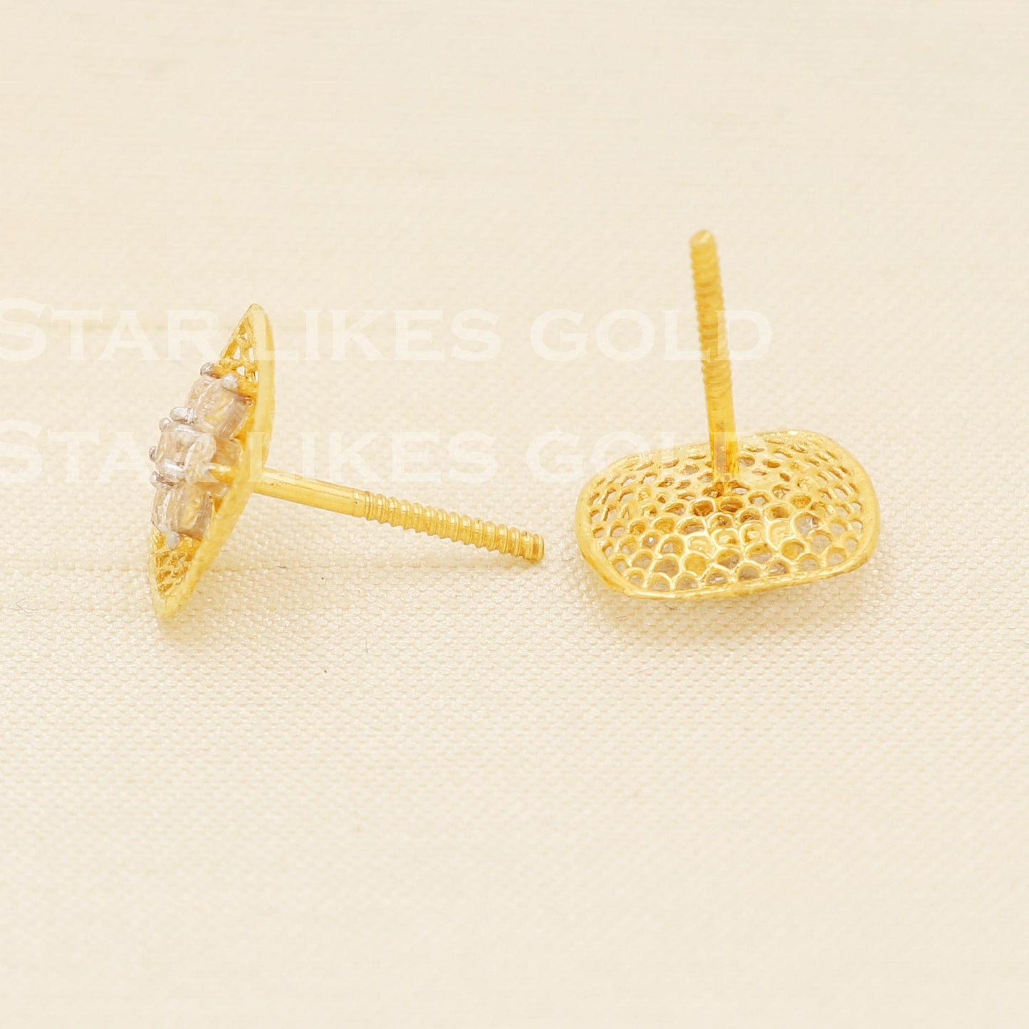 Sparkling 18K Gold CZ Flower Stud Earrings Elegant Jali Work Square Design, B1607