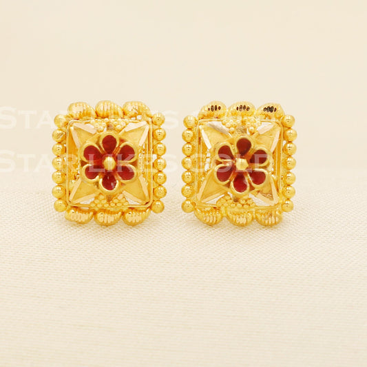 Hallmark 22k Gold Traditional Meenakari Stud Earrings with Red Enamel, B1609