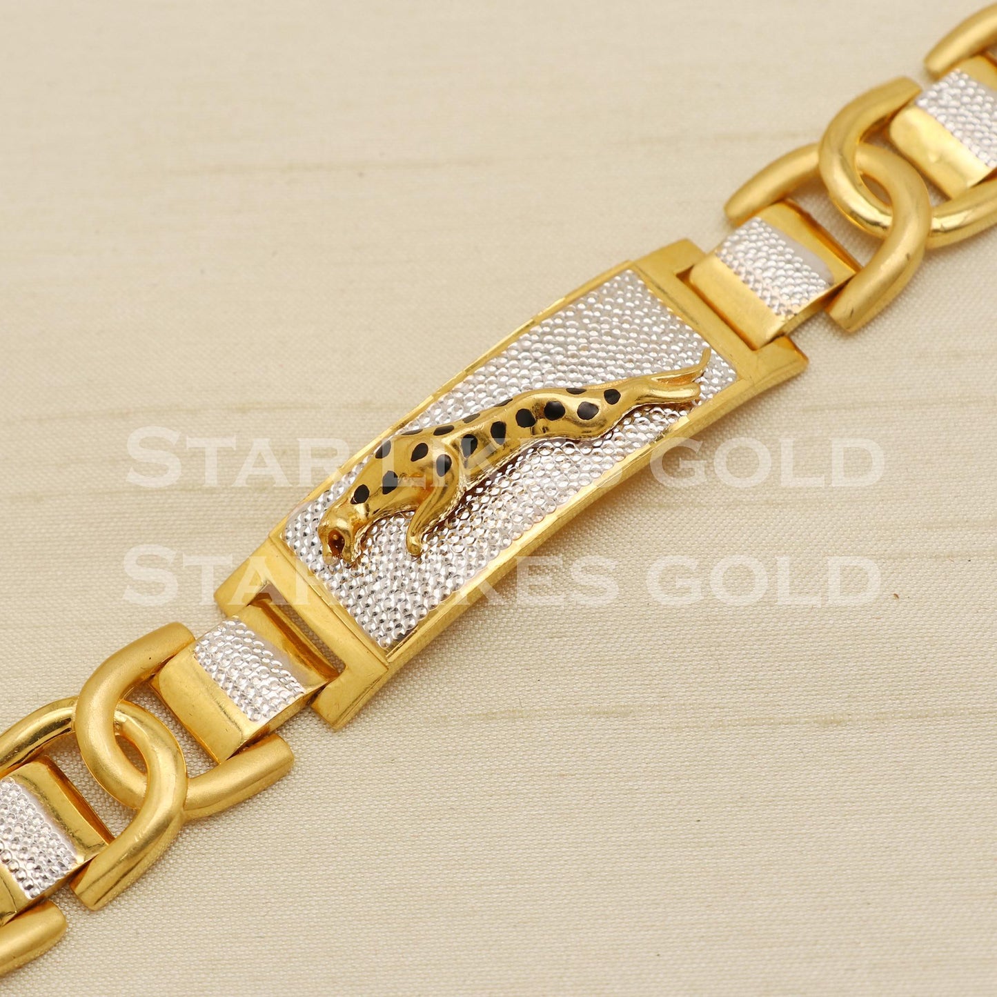 Classic 22K Hallmark Gold Jaguar Pattern Men's Bracelet Tow Tone Jewelry, PR1455