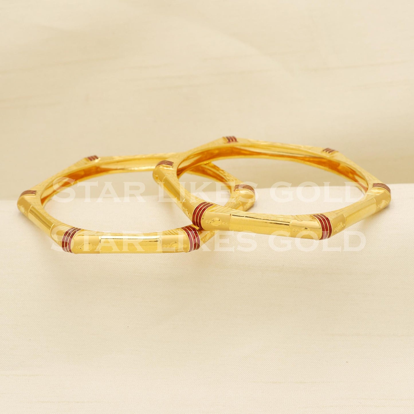 22K 916 Hallmark Gold Octagon Shape Designer Bangle Pair with Red Enamel Work, PR1492