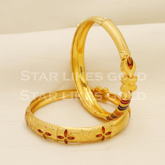 Pure 22K Hallmark Gold Floral Cutwork Antique Style Bangles Set of 2, PR1508