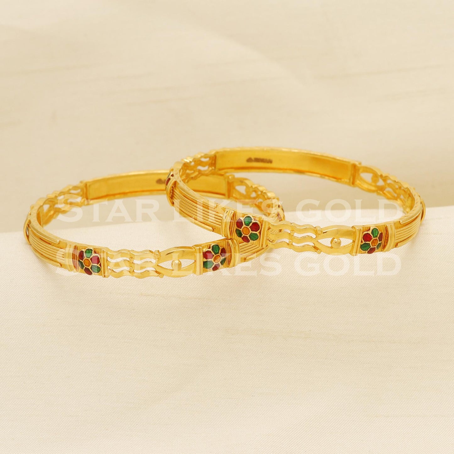 22K 22 Karat Gold Red Green Enamel Designer Bangles Set of 2, PR1516
