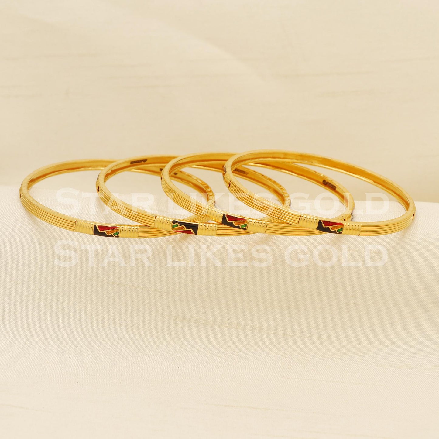 22K Gold Traditional Textured Bangle Pair with Meena Design for Women, PR1570