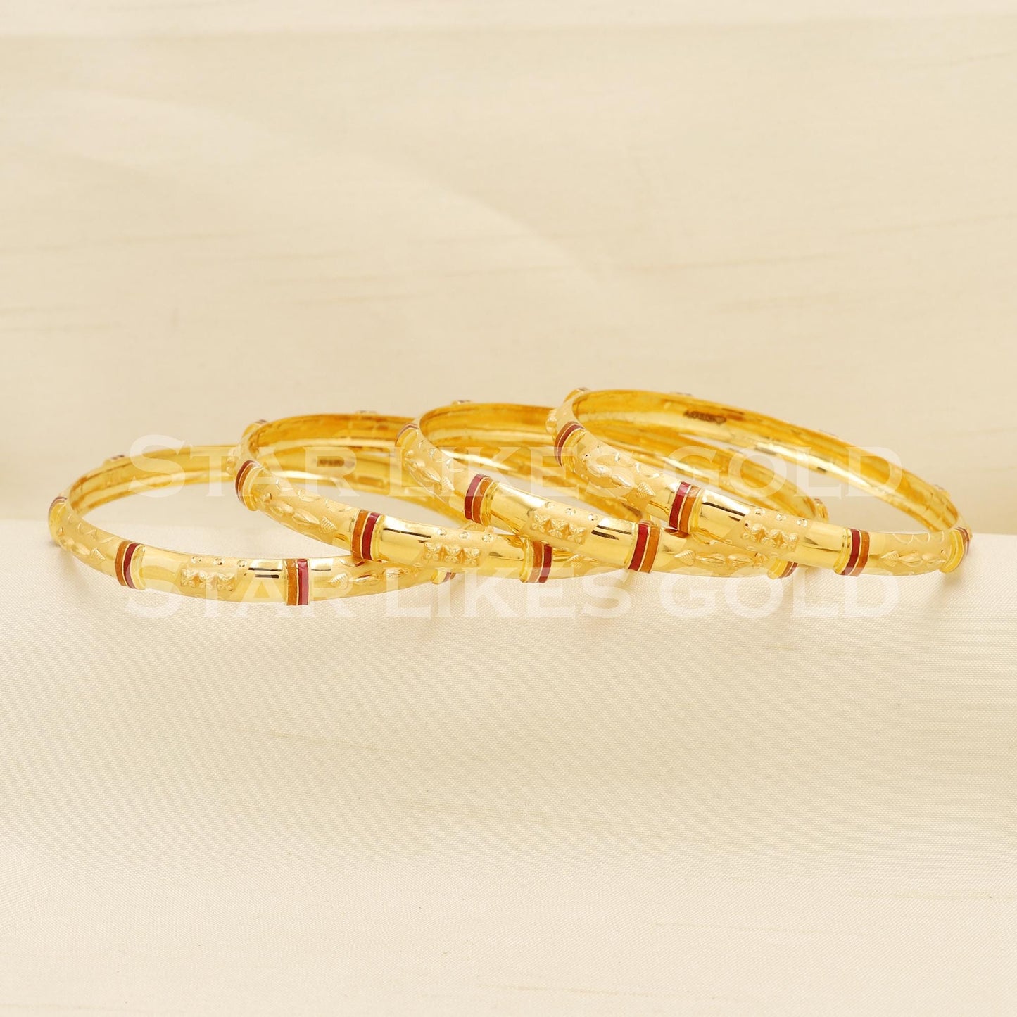 22K 22 Karat Gold Red Enamel Designer Bangles Set of 4 for Women, PR1571