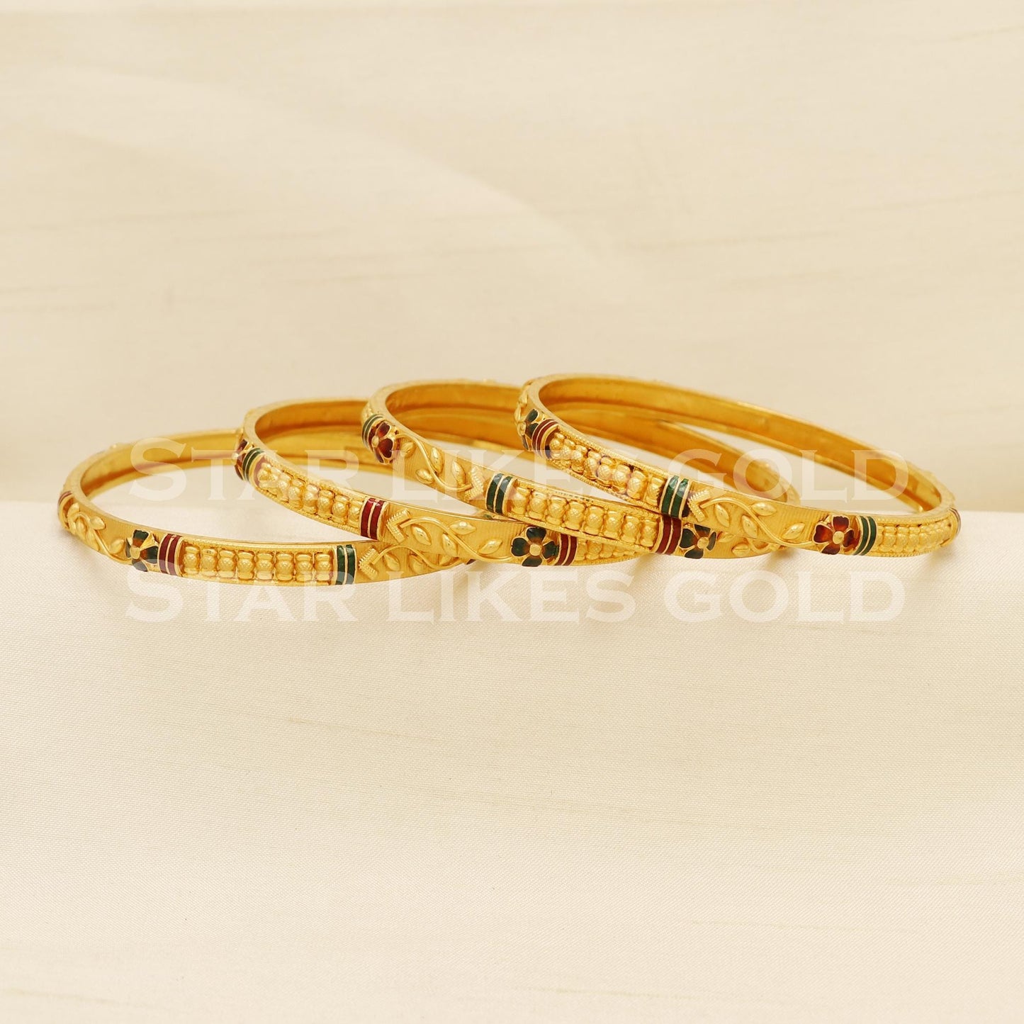 22 Carat Hallmark Gold Red Green Meena Work Bangles Set of Four, PR1575
