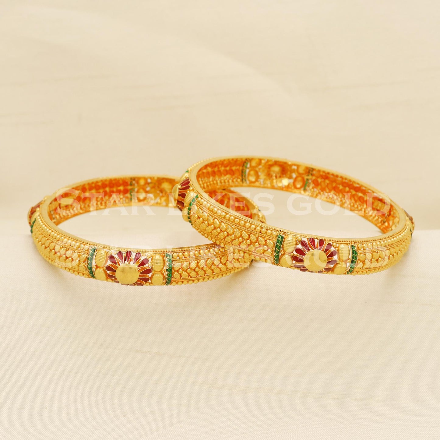 22K 22 Karat Gold Red Green Designer Bridal Bangles Set of 2, PR1596