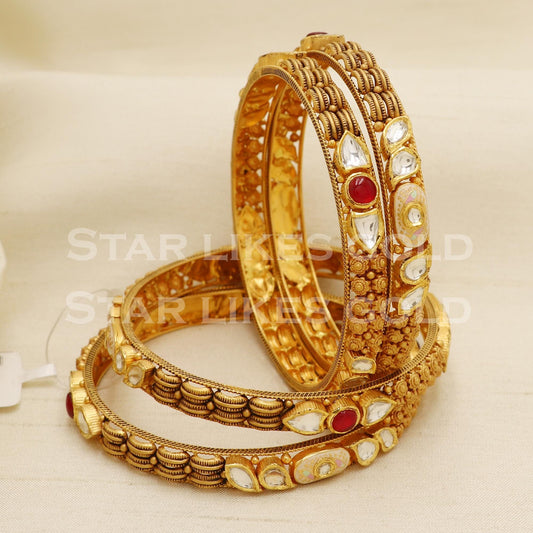 22K 22 Karat Hallmark Gold Antique Kundan Temple Bangles Set of 4, PR1606