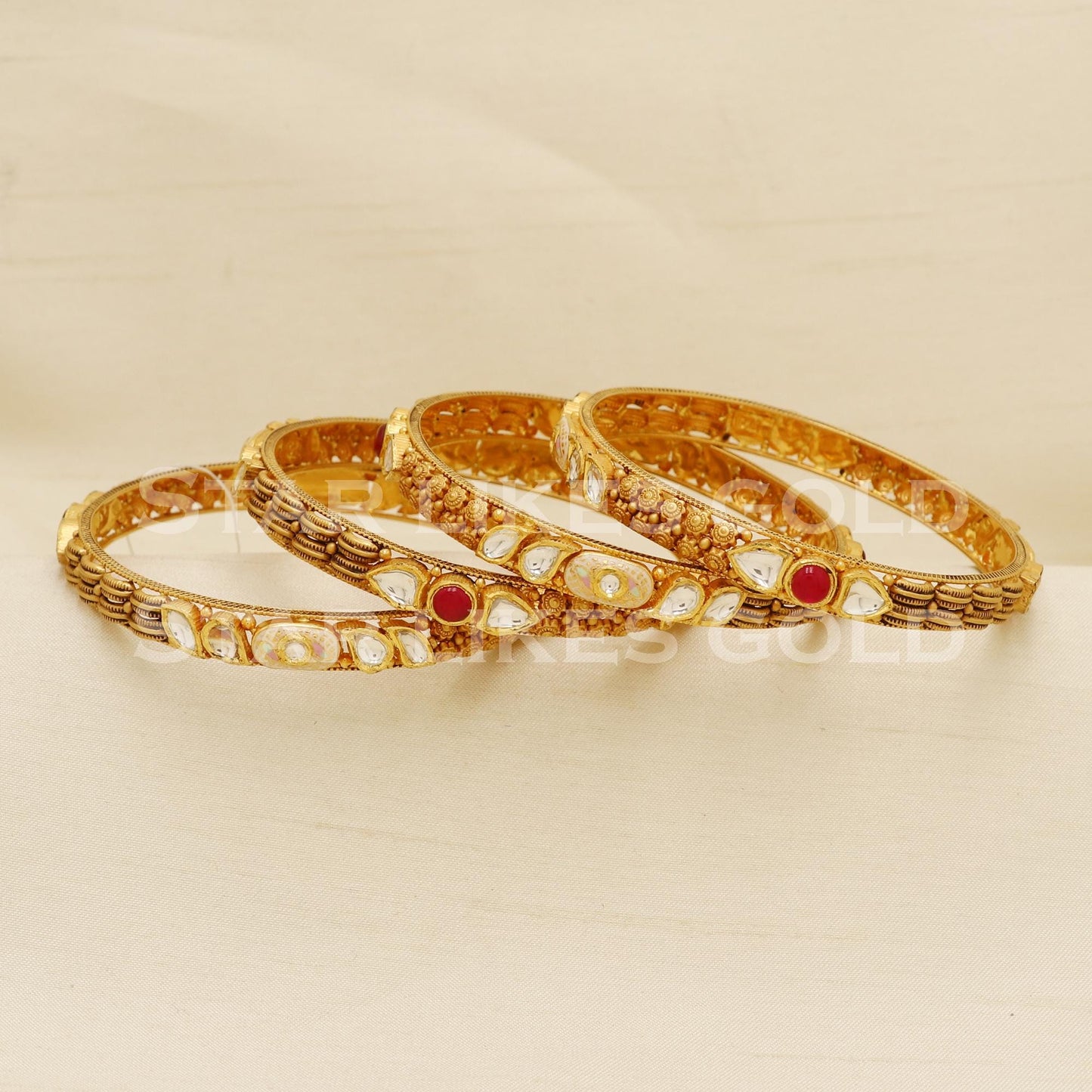 22K 22 Karat Hallmark Gold Antique Kundan Temple Bangles Set of 4, PR1606