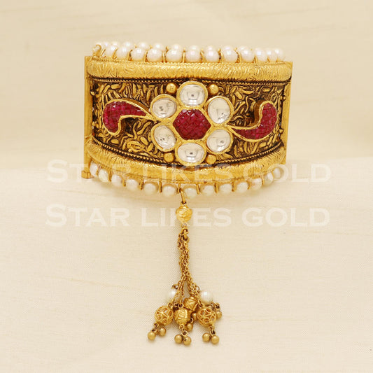 22K 22 Karat Gold Heavy Antique Kundan Pearl Openable Kada PR1609
