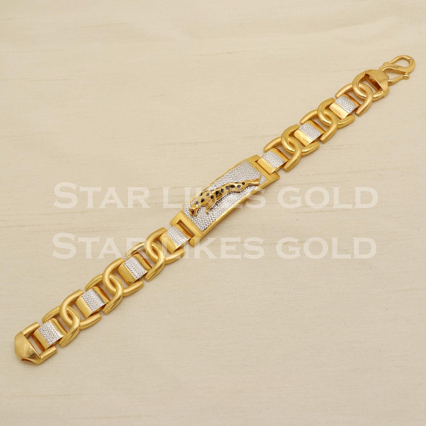 Classic 22K Hallmark Gold Jaguar Pattern Men's Bracelet Tow Tone Jewelry, PR1455