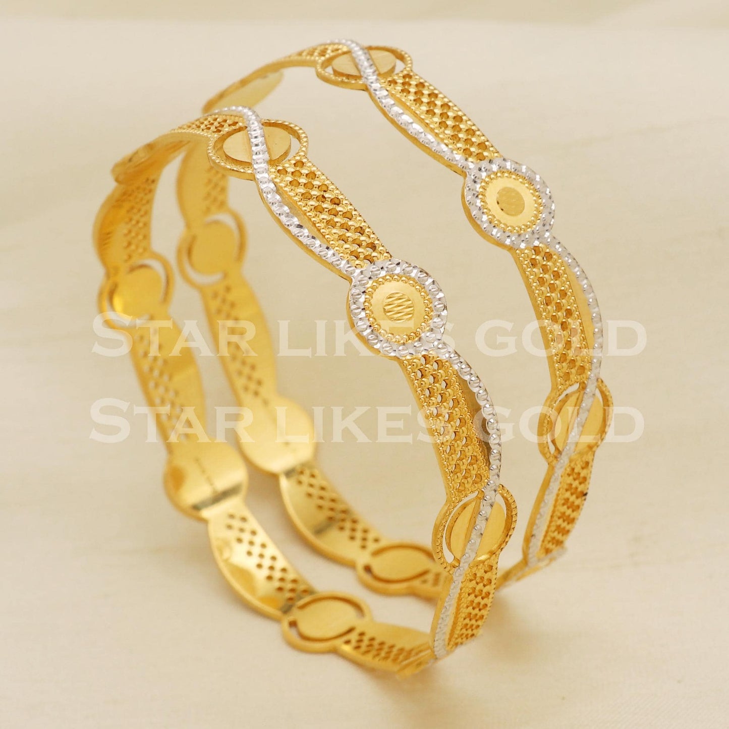 916 Gold Two Tone Handmade Bangle Pair Elegant Ladies Kada Design, PR1482