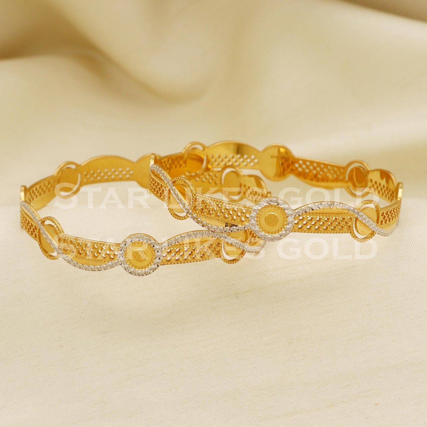 916 Gold Two Tone Handmade Bangle Pair Elegant Ladies Kada Design, PR1482