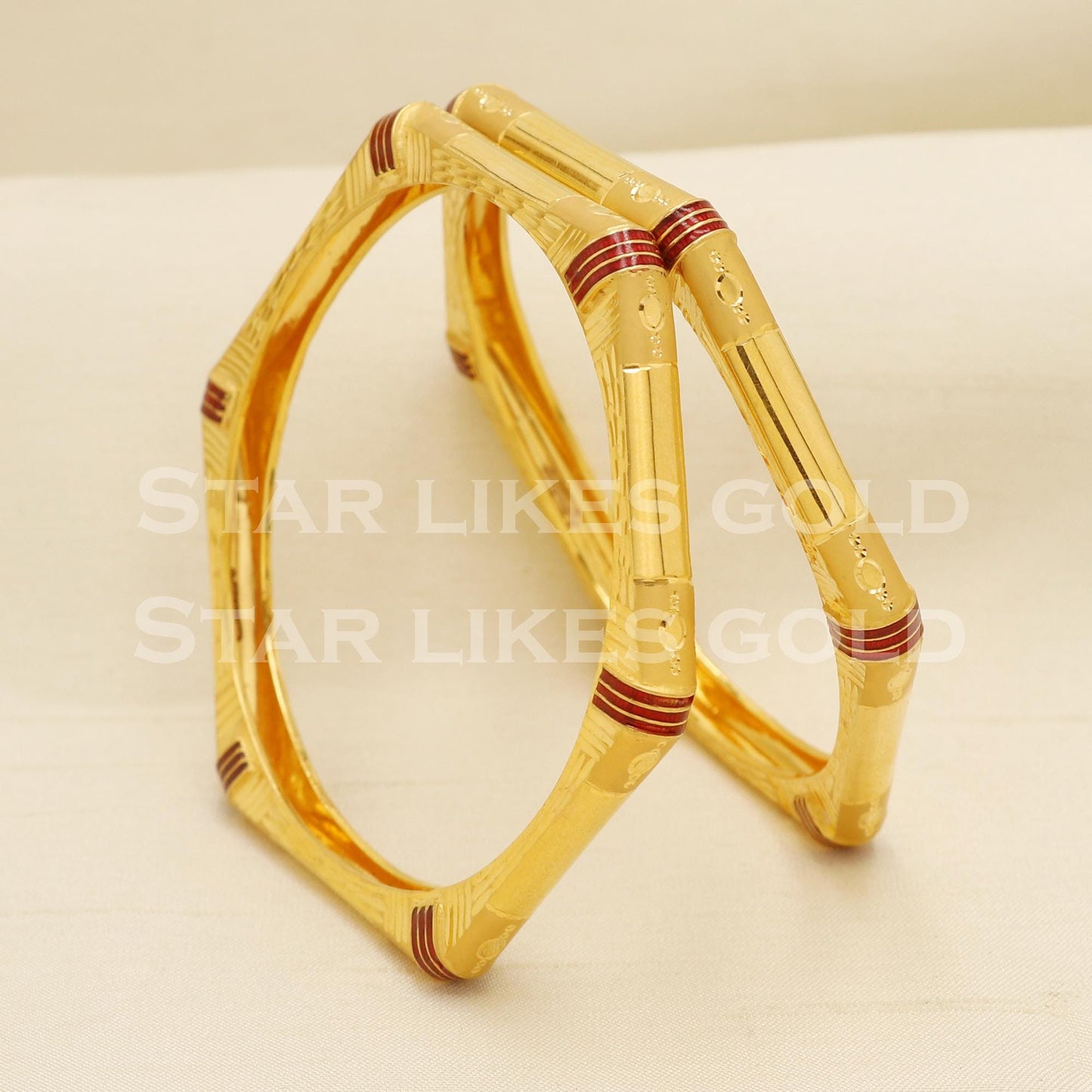 22K 916 Hallmark Gold Octagon Shape Designer Bangle Pair with Red Enamel Work, PR1492