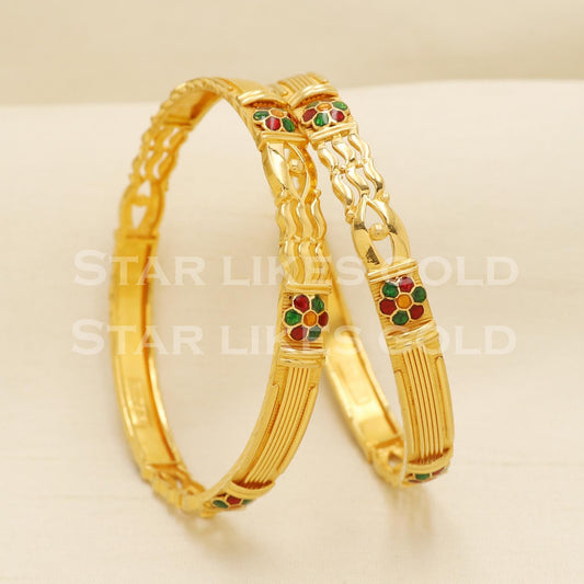 22K 22 Karat Gold Red Green Enamel Designer Bangles Set of 2, PR1516