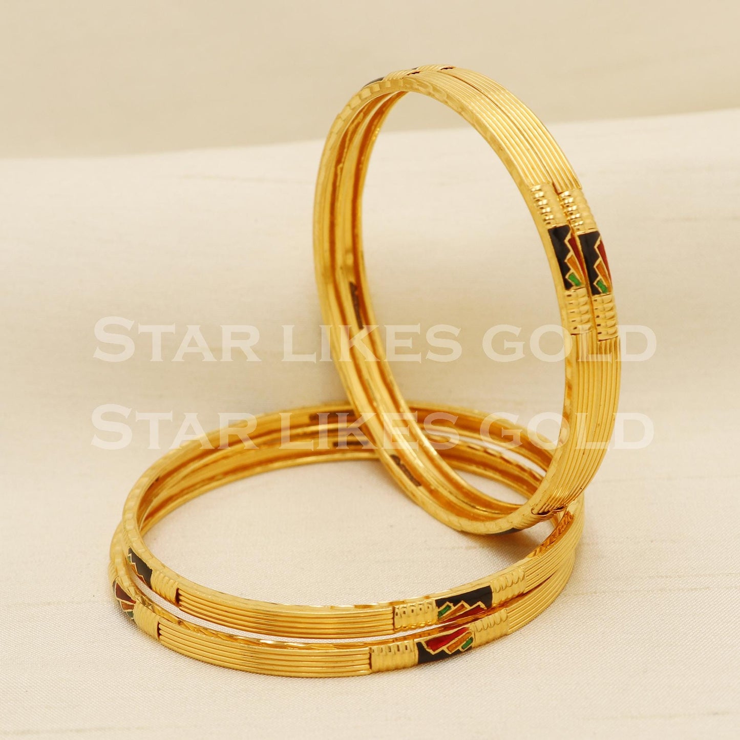 22K Gold Traditional Textured Bangle Pair with Meena Design for Women, PR1570