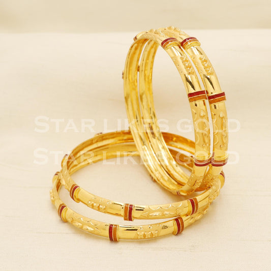 22K 22 Karat Gold Red Enamel Designer Bangles Set of 4 for Women, PR1571