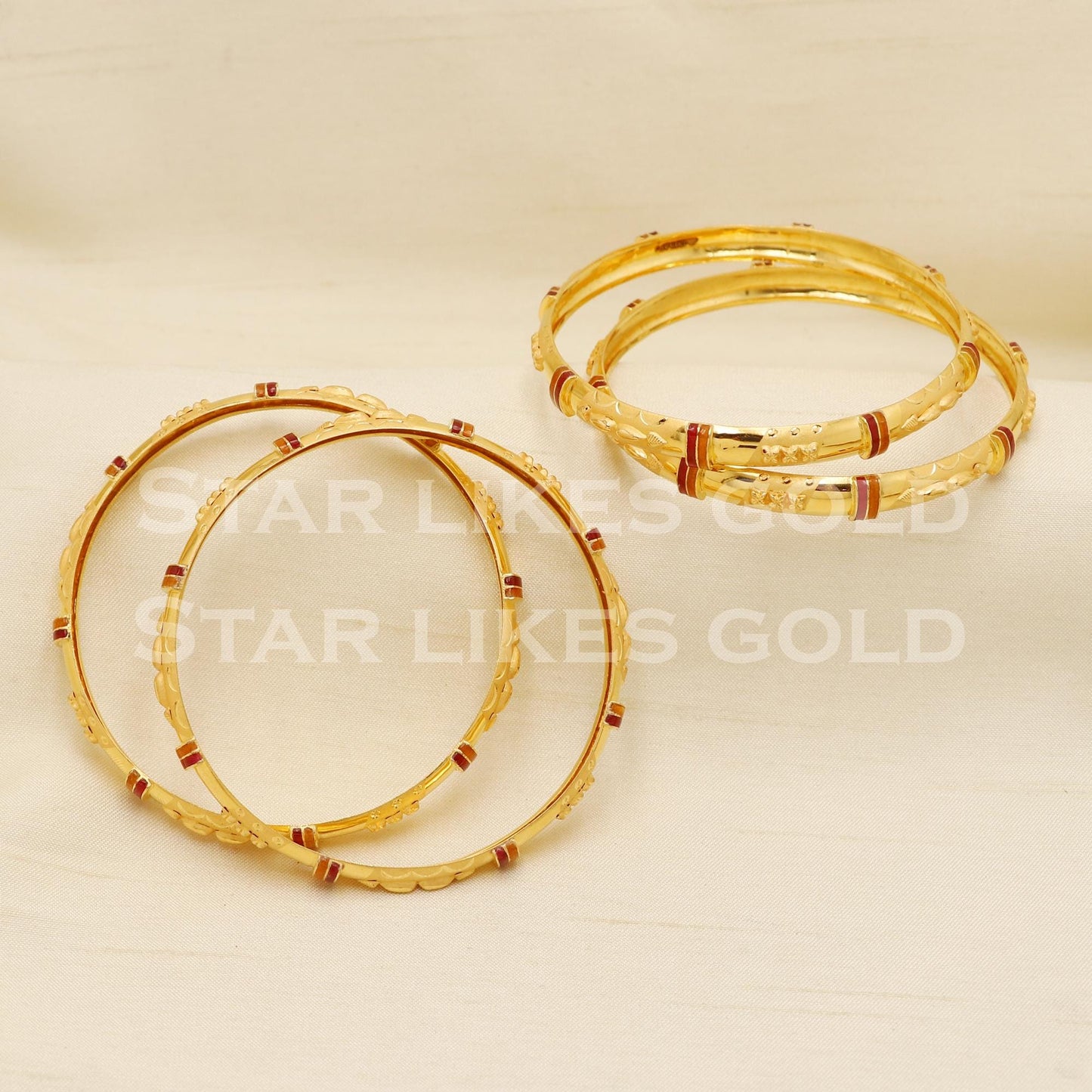 22K 22 Karat Gold Red Enamel Designer Bangles Set of 4 for Women, PR1571