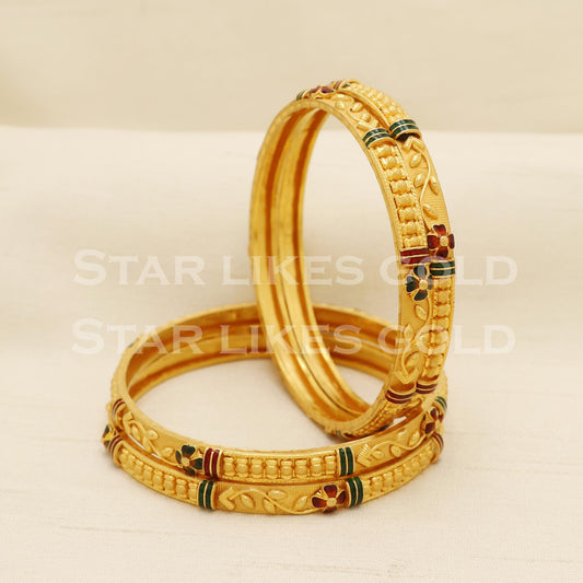 22 Carat Hallmark Gold Red Green Meena Work Bangles Set of Four, PR1575