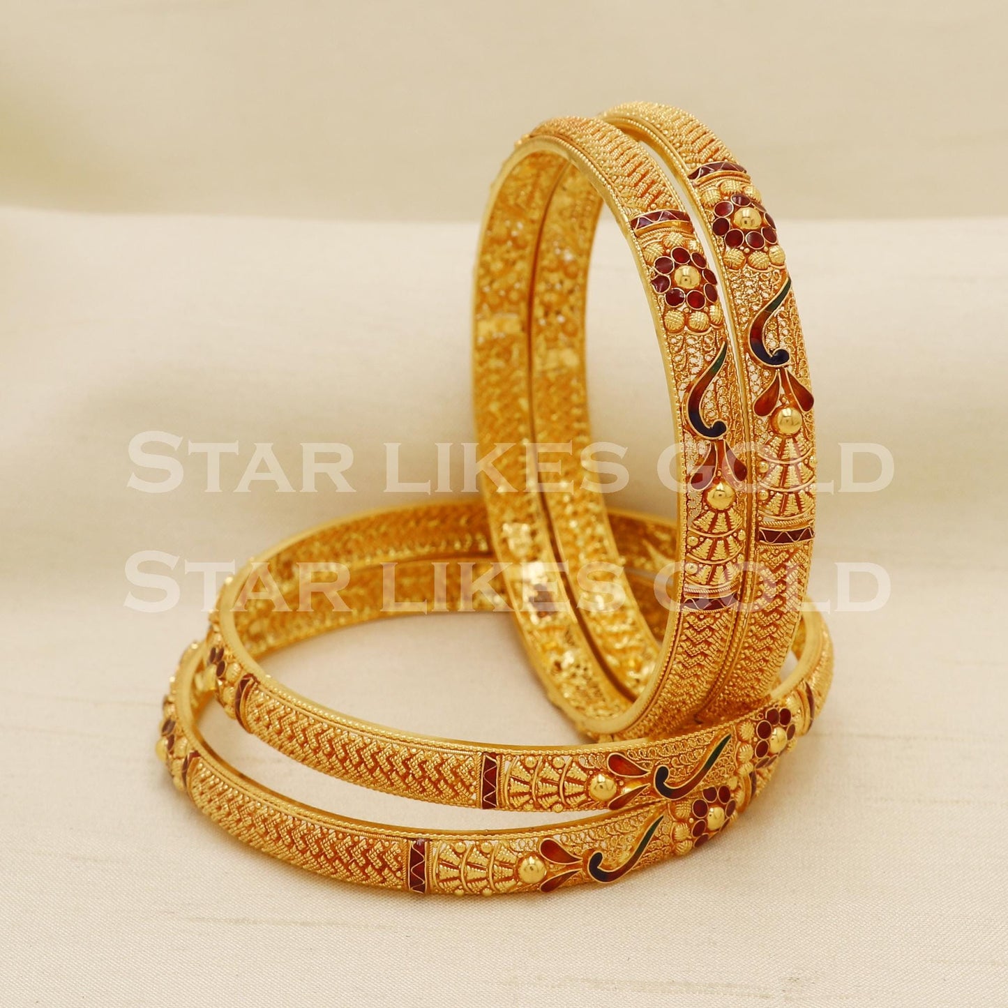 22K 916 Hallmark Gold Antique Meenakari Bangles Set of 4 Bridal Red Green, PR1584