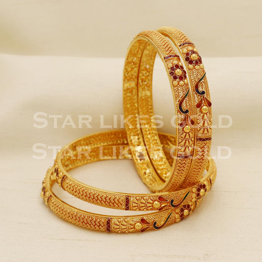 22K 916 Hallmark Gold Antique Meenakari Bangles Set of 4 Bridal Red Green, PR1584