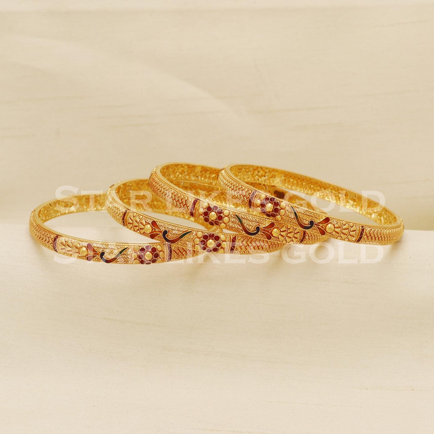 22K 916 Hallmark Gold Antique Meenakari Bangles Set of 4 Bridal Red Green, PR1584