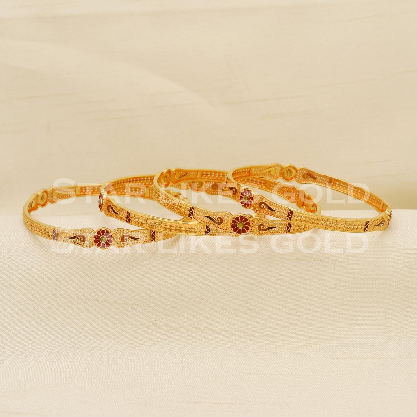 Hallmark 22K Gold Bangles Set of 4 | 22 Carat Karat Floral Meenakari Bridal Set, PR1586