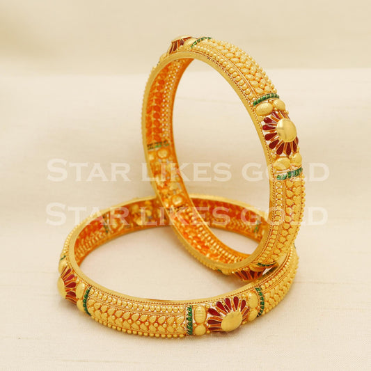 22K 22 Karat Gold Red Green Designer Bridal Bangles Set of 2, PR1596