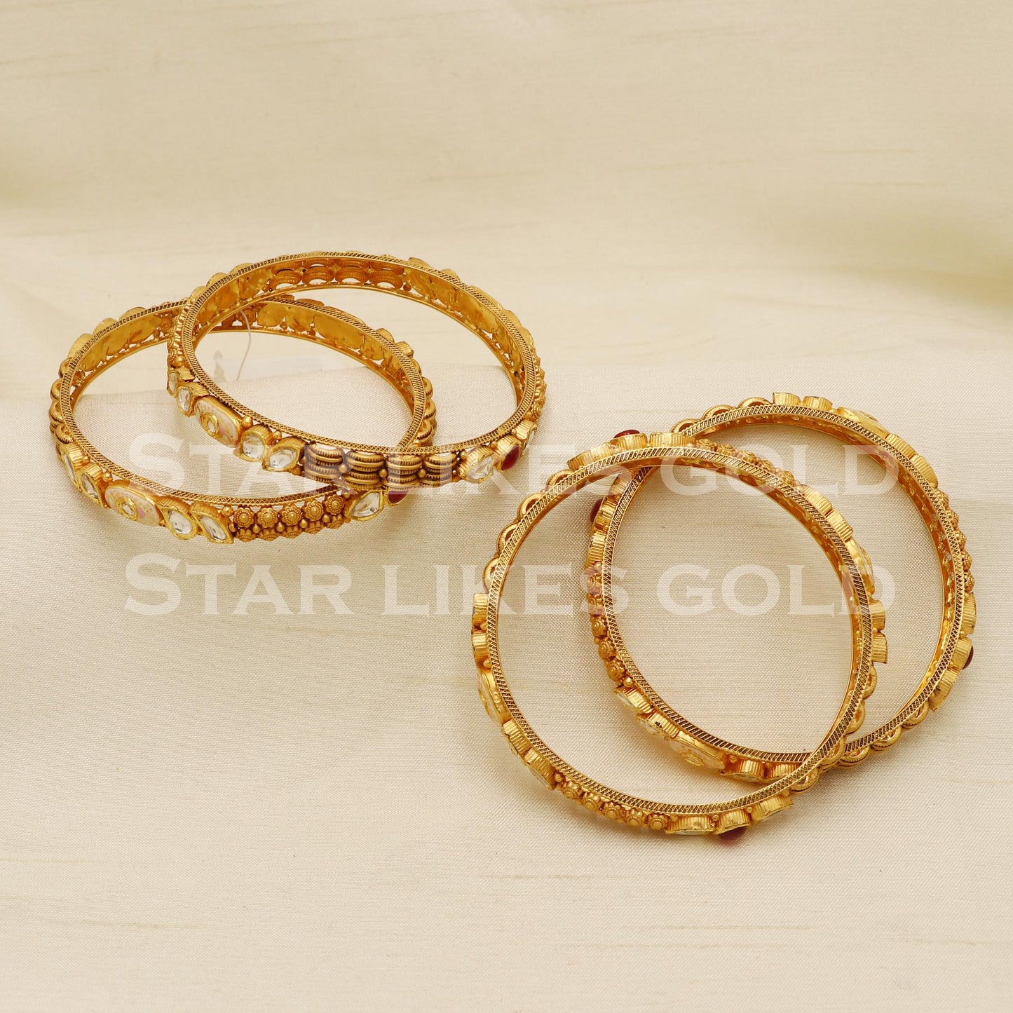 22K 22 Karat Hallmark Gold Antique Kundan Temple Bangles Set of 4, PR1606