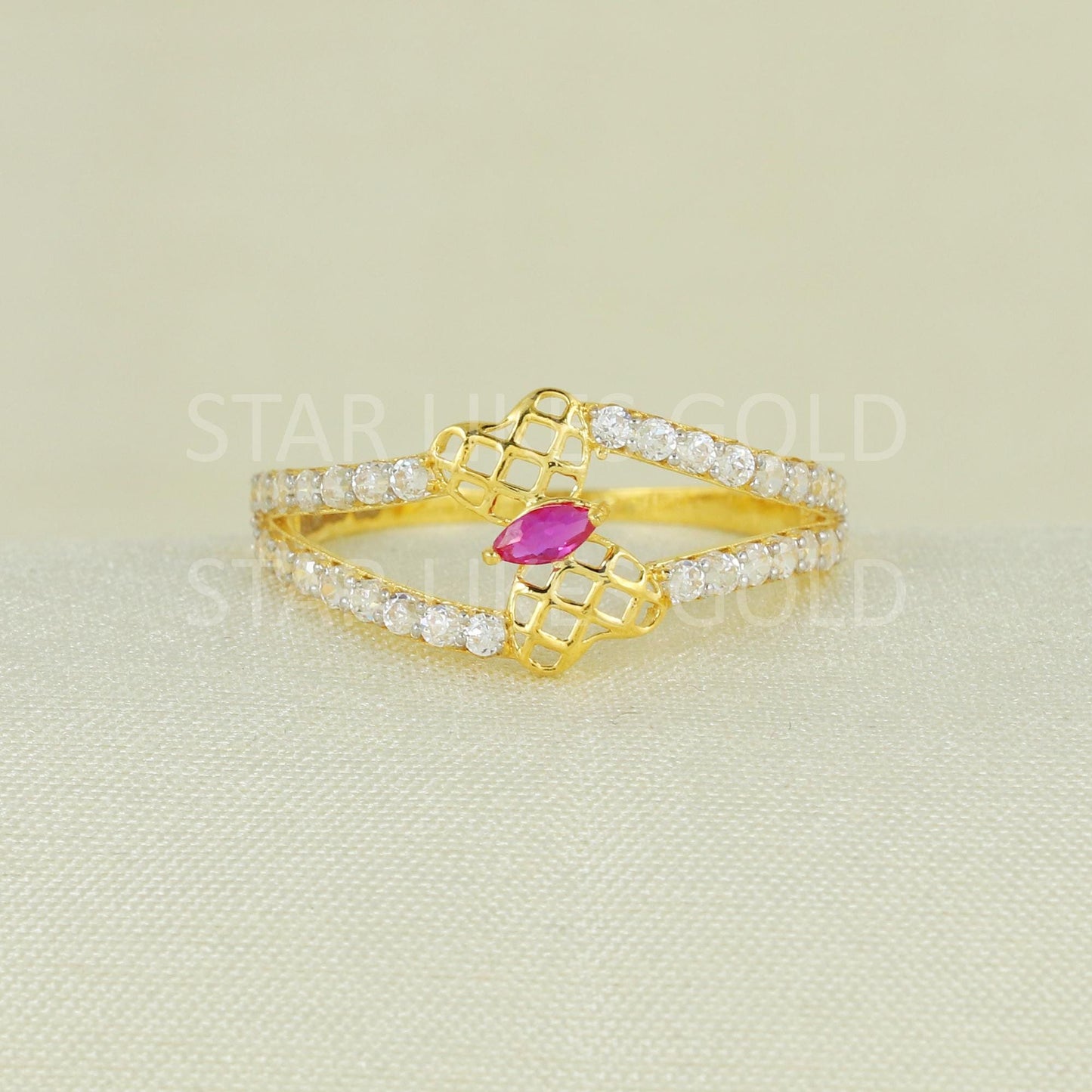 Sparkles Pink and White Zircons Gold Ring, 18k Solid Gold Ring Indian Jewelry, B1627