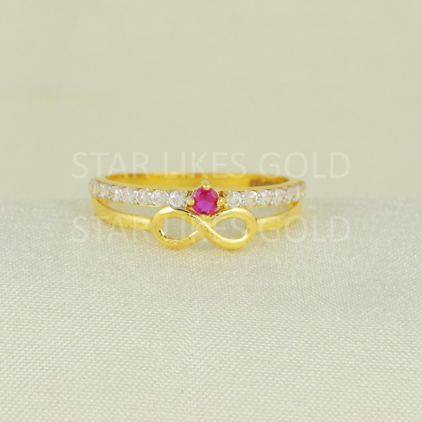 Sparkles Pink and White Zircons infinity Gold Ring, 18k Solid Gold Ring Indian Jewelry, B1628