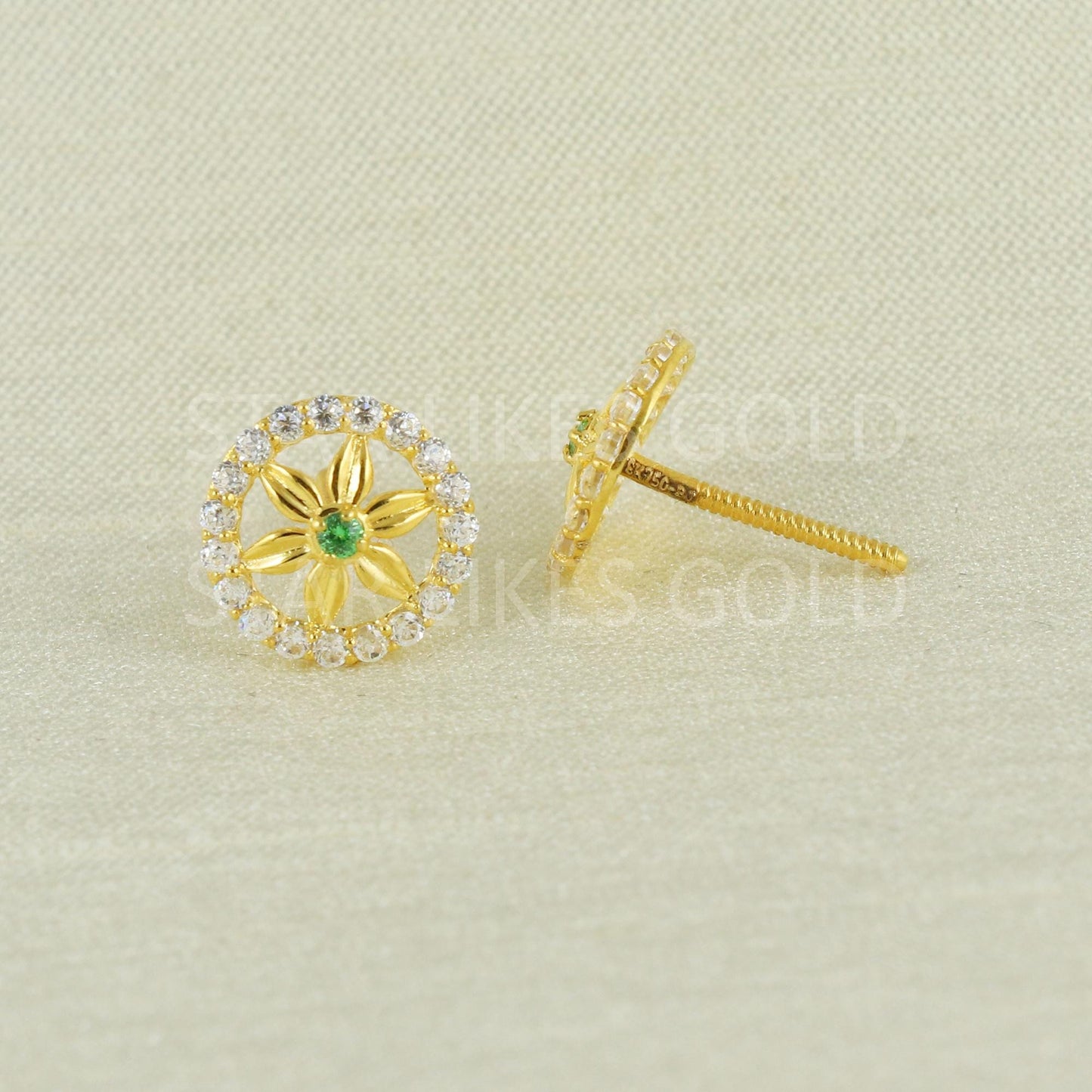 Sparkling 18K Gold CZ Flower Stud Earrings - Elegant Jali Work Square Design, B1665