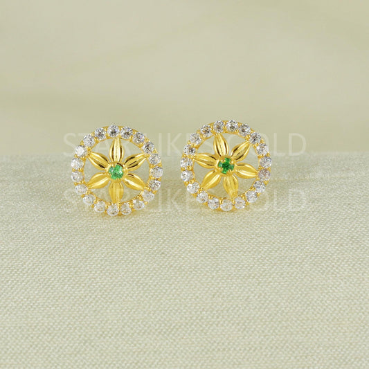Sparkling 18K Gold CZ Flower Stud Earrings - Elegant Jali Work Square Design, B1665