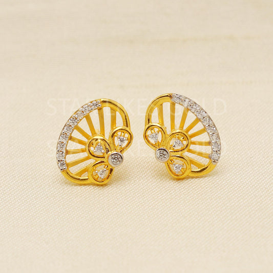Sparkling 18K Gold CZ Flower Stud Earrings - Elegant Jali Work Square Design, PR1615