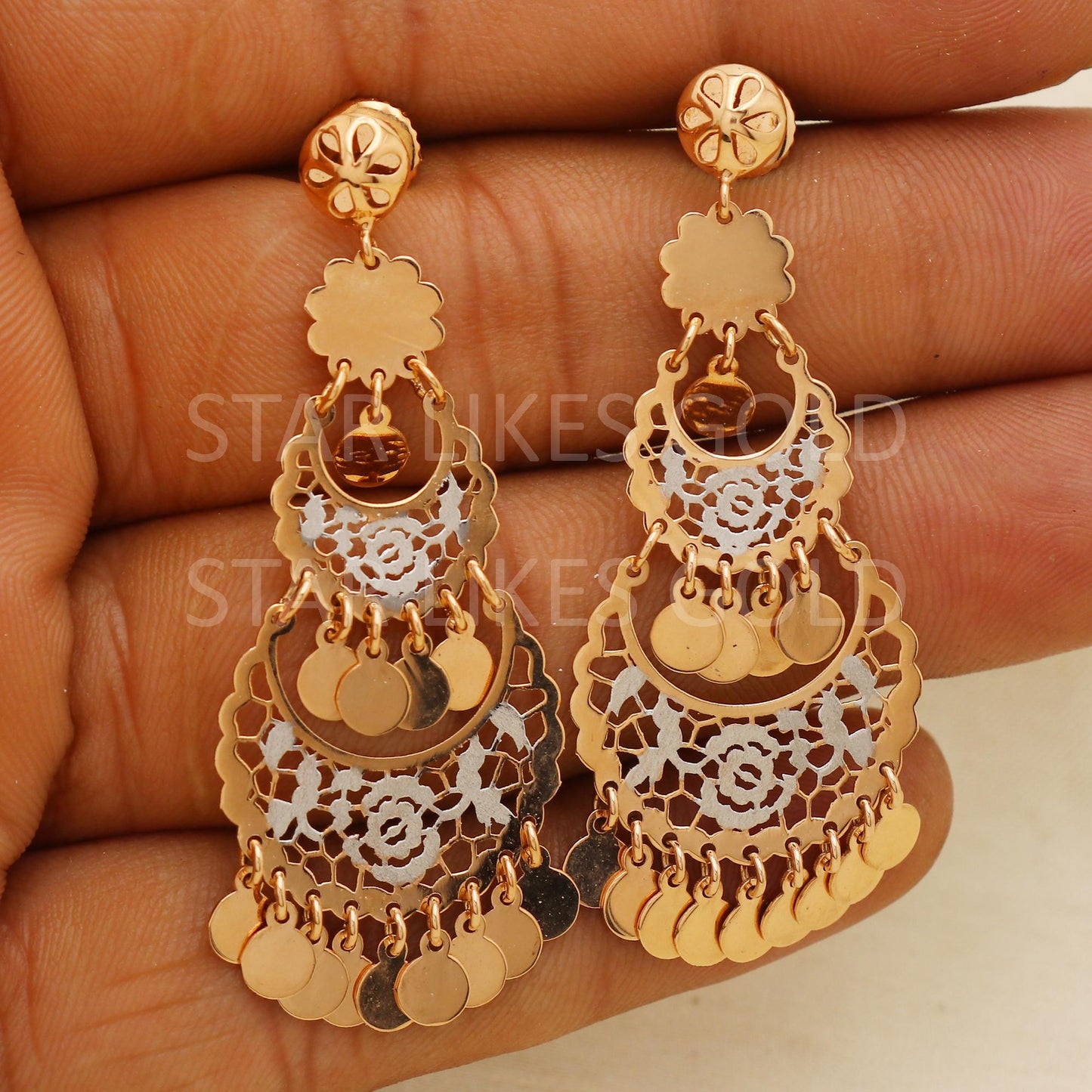 Hallmark 22k Gold Three-Tier Floral Jaali Drop Earrings with Dual Tone Finish, PR1686
