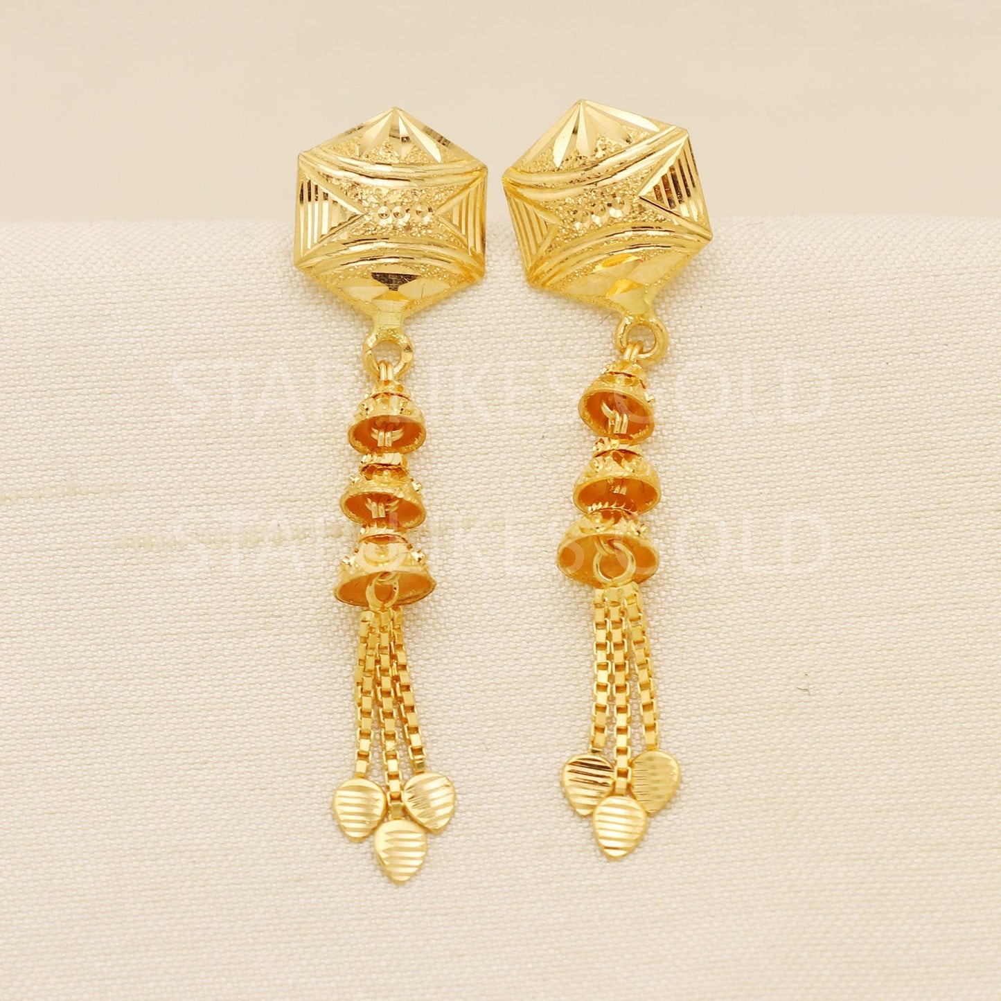 Elegant 22k Gold Textured Geometric Drop Earrings - Hallmark Certified, PR1692