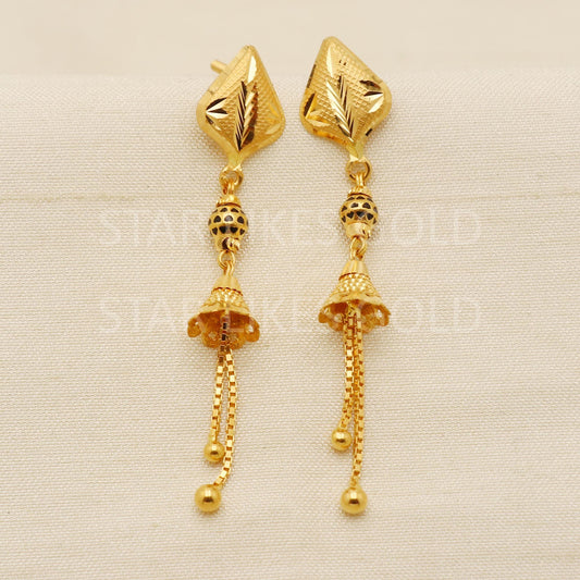 Elegant 22k Gold Diamond-Cut Leaf Drop Earrings with Sleek Gold Chain Tassels, PR1701