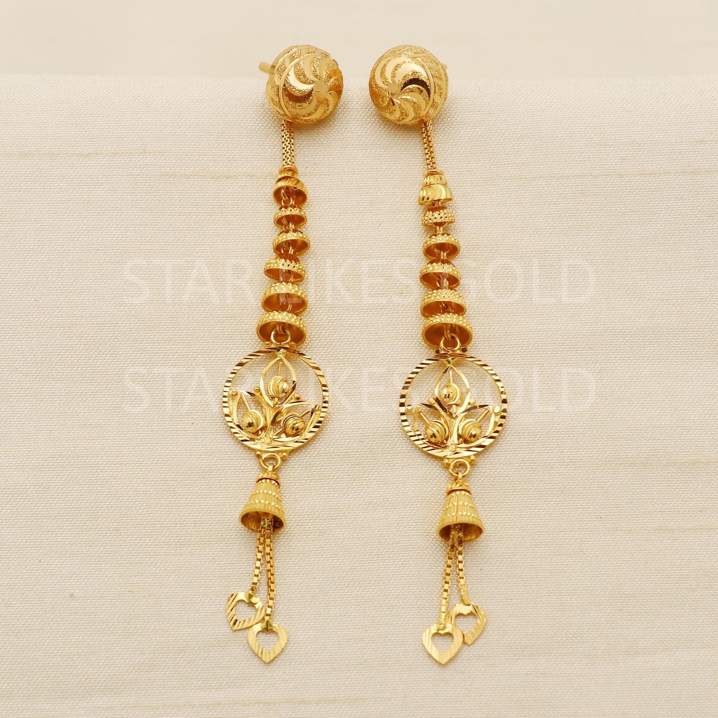Hallmark 22k Gold Traditional Jhumki Earrings with Hanging Heart Charms, PR1703