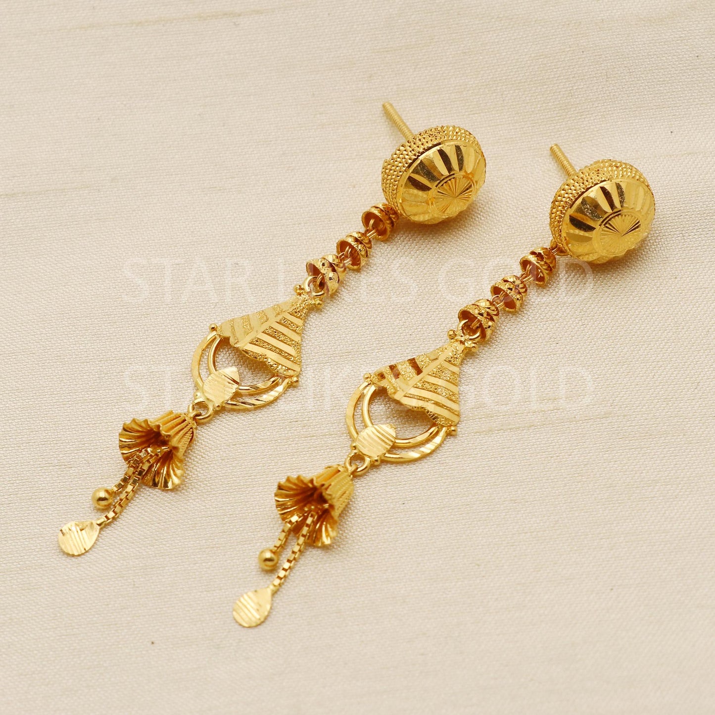 Elegant 22k Gold Textured Dome Studded Dangle Earrings - Hallmark Certified, PR1707