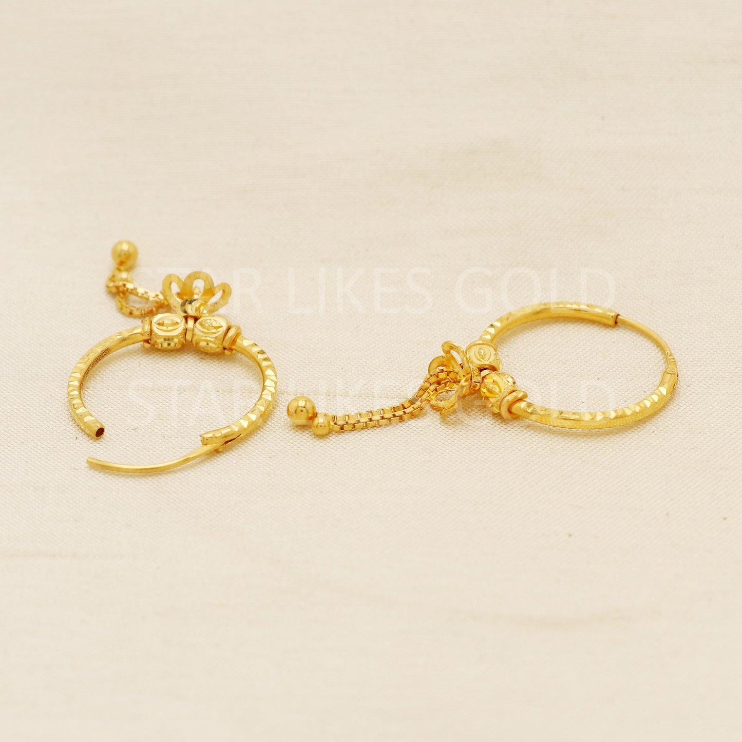 Elegant 22k Gold Bali with Textured Beads & Hanging Chain Charms - Hallmark, PR1717