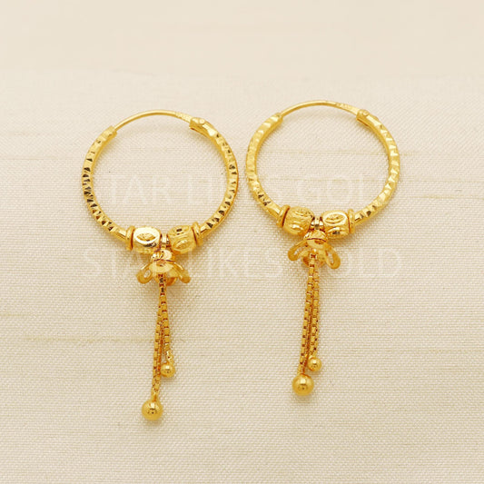 Elegant 22k Gold Bali with Textured Beads & Hanging Chain Charms - Hallmark, PR1717
