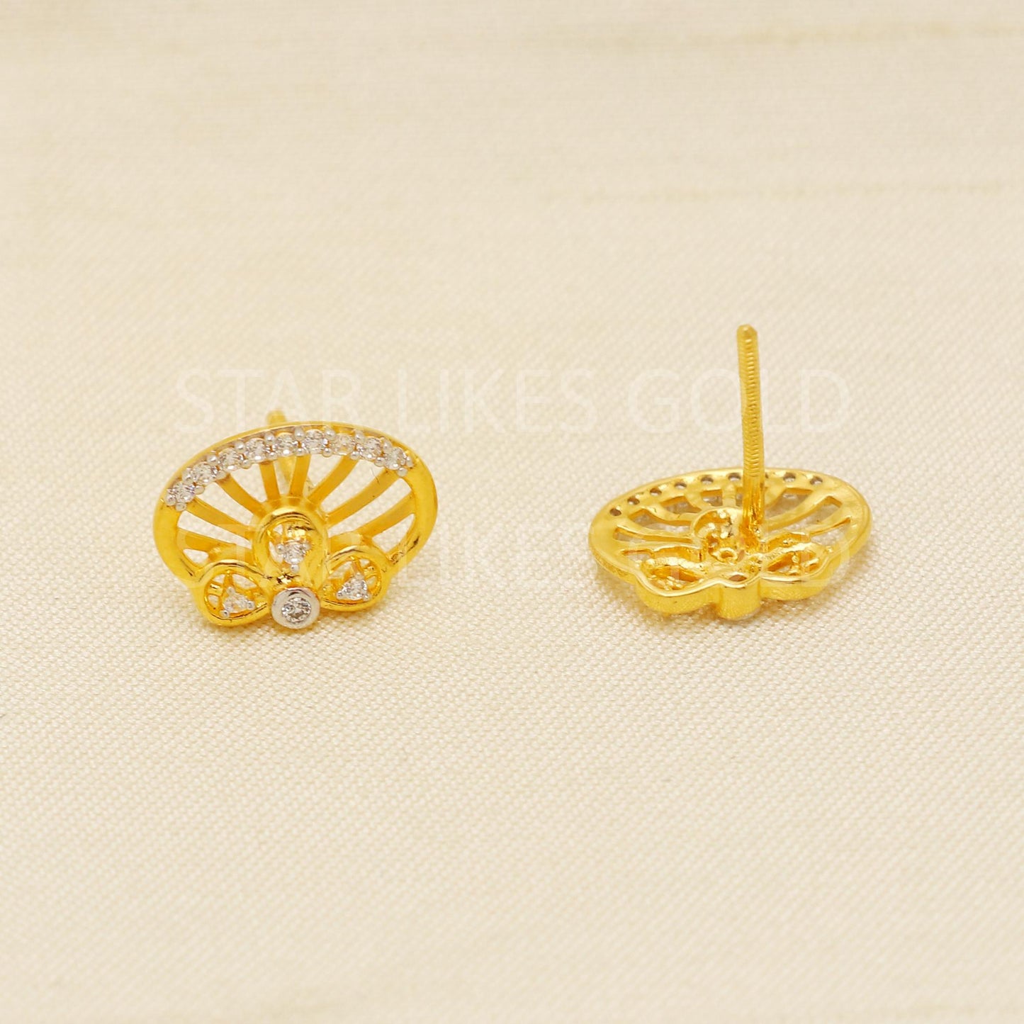 Sparkling 18K Gold CZ Flower Stud Earrings - Elegant Jali Work Square Design, PR1615