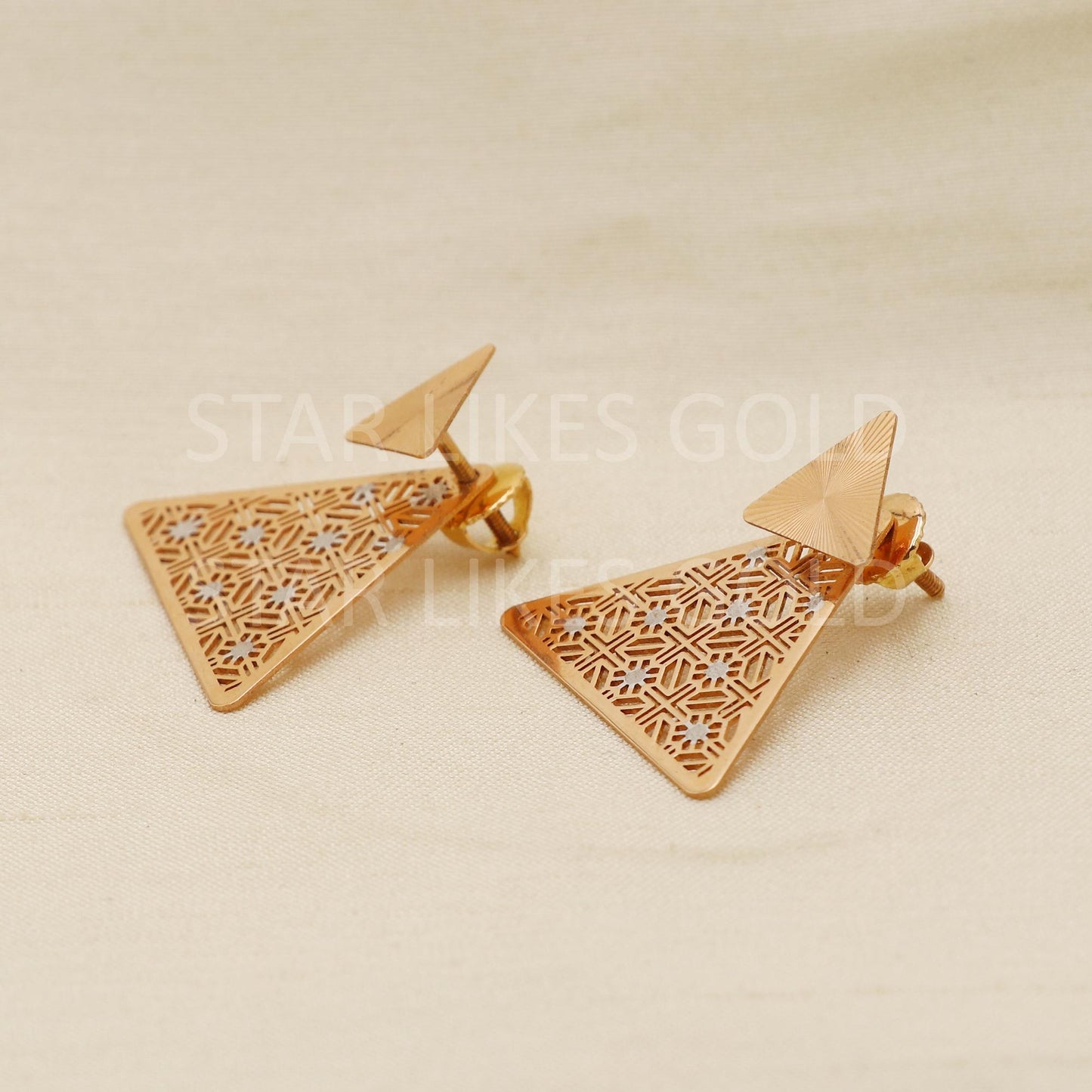 Designer triangle shape Pure 18k 18 karat rose gold screw back earrings jewelry, PR1682