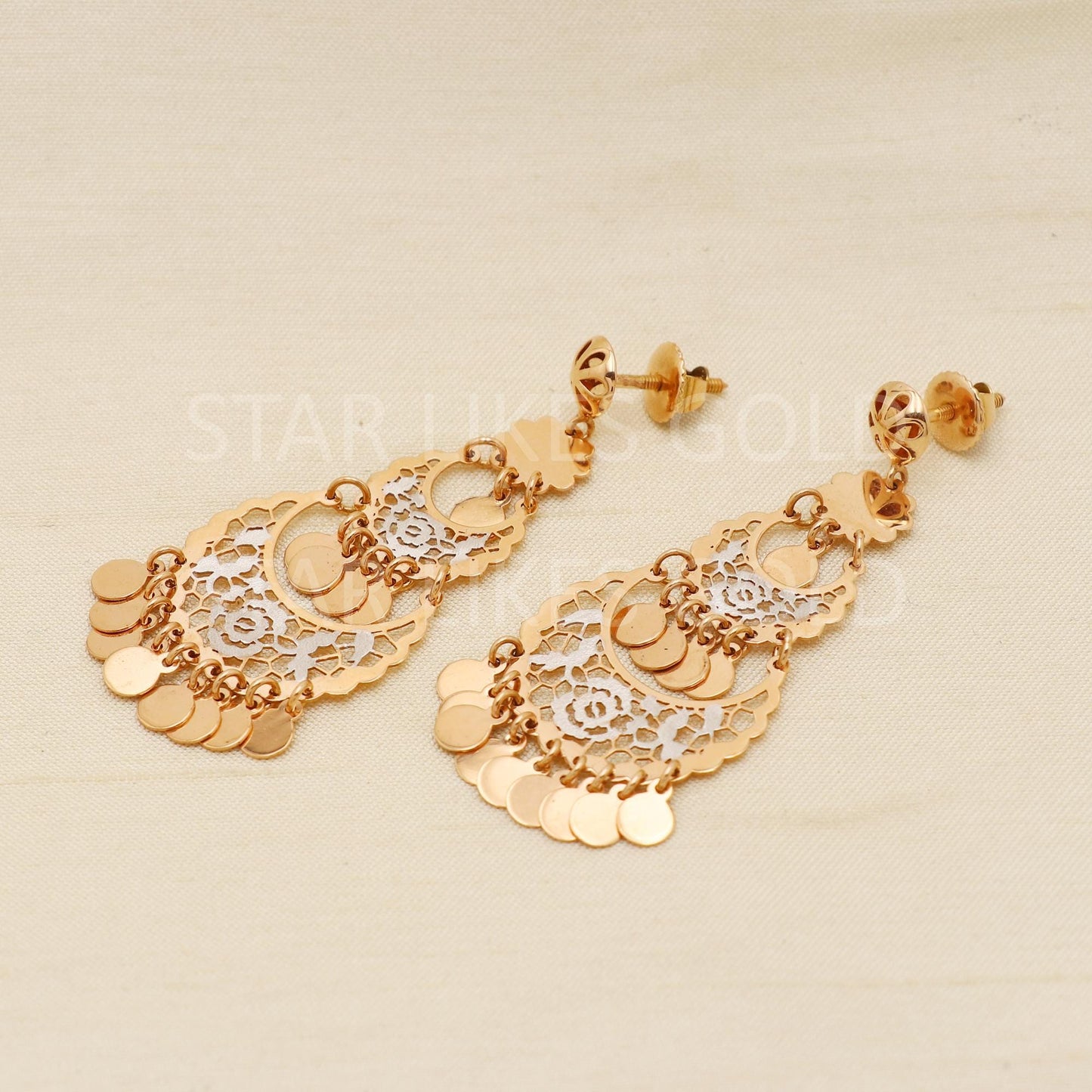 Hallmark 22k Gold Three-Tier Floral Jaali Drop Earrings with Dual Tone Finish, PR1686