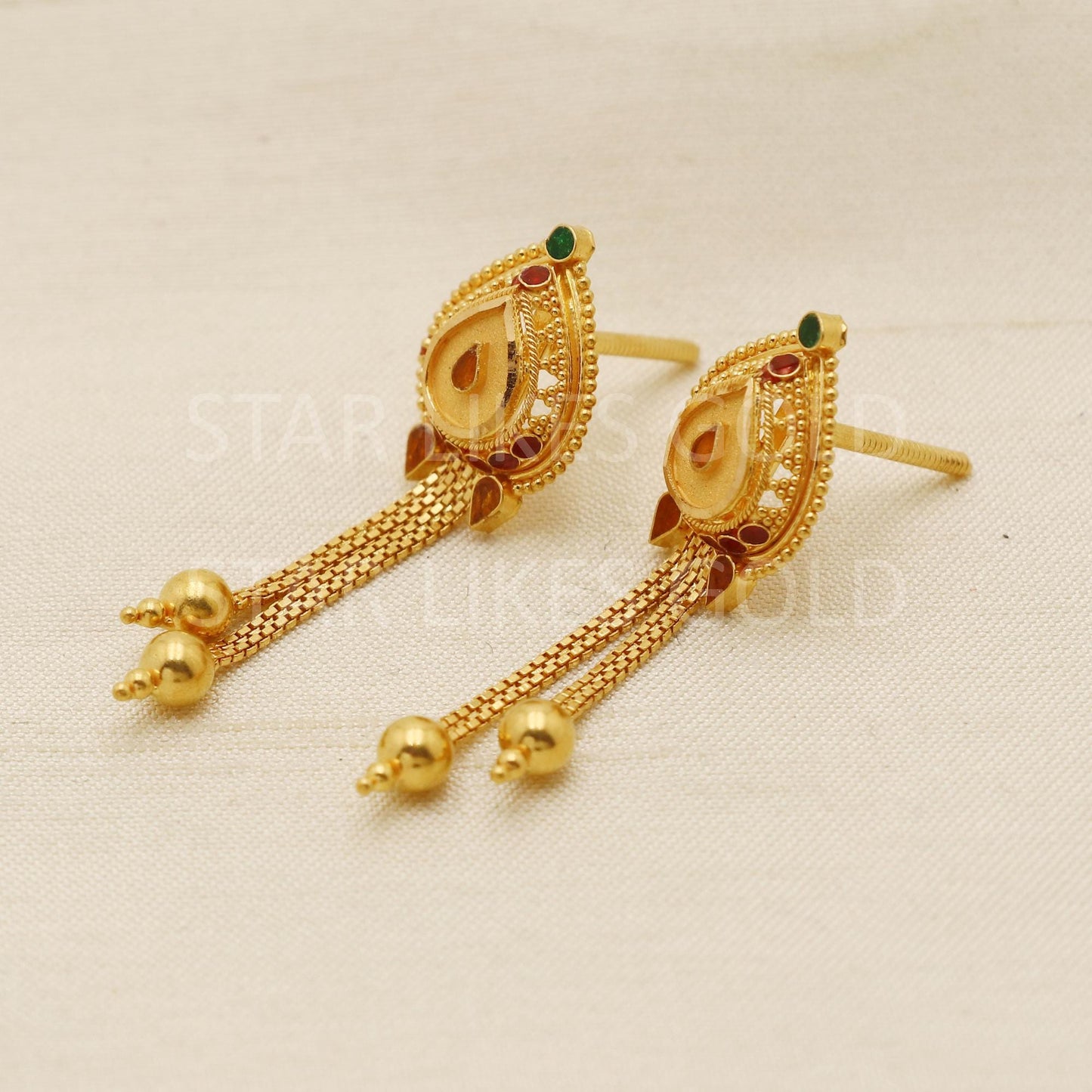 Hallmark 22k Gold Teardrop Dangles with Elegant Double Chain & Gold Beads, PR1696