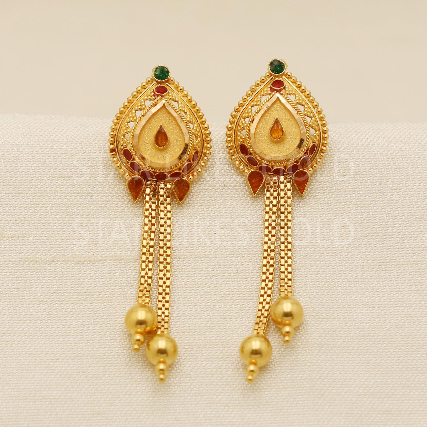 Hallmark 22k Gold Teardrop Dangles with Elegant Double Chain & Gold Beads, PR1696