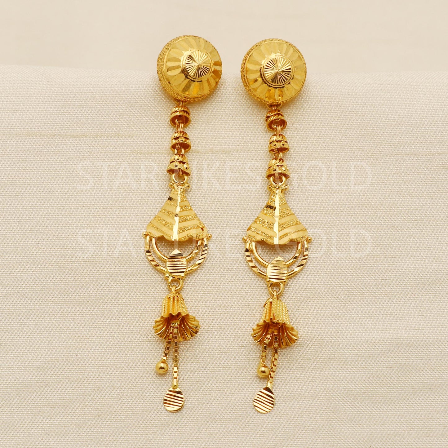 Elegant 22k Gold Textured Dome Studded Dangle Earrings - Hallmark Certified, PR1707