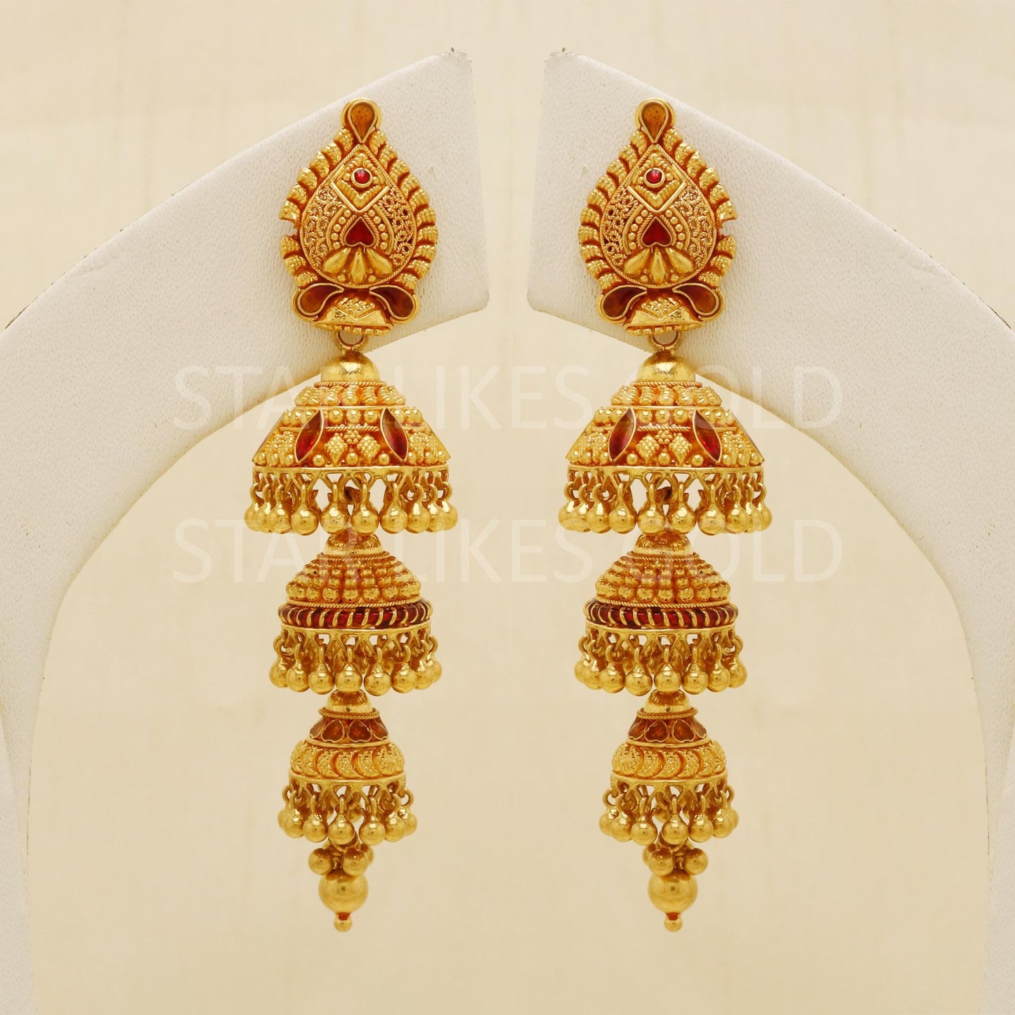 Hallmark 22k Gold Three-Tier Bridal Jhumki Earrings with Red Enamel Accents, B1685